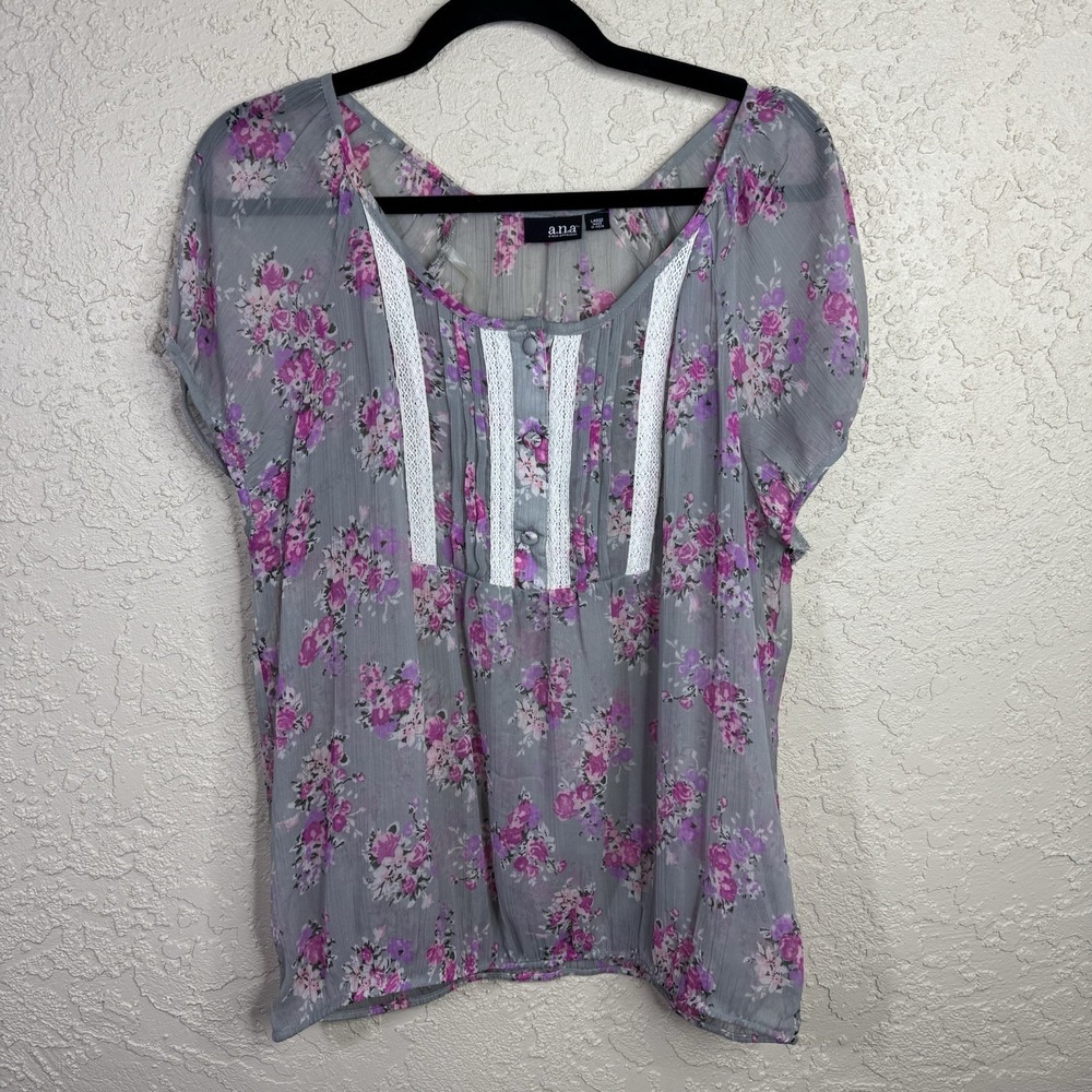 a.n.a. Sheer Floral Blouse Womens Size L Crochet Lace Boho Fairy Cottagecore
